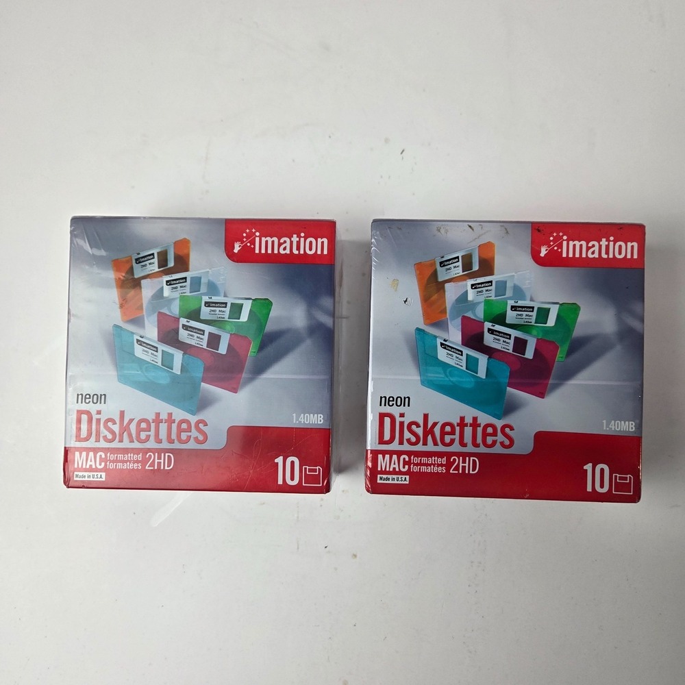 NEW Imation 2 Neon Mac Formatted 2HD 1.4MB 3.5 Diskettes Sealed Box of 10 X 2